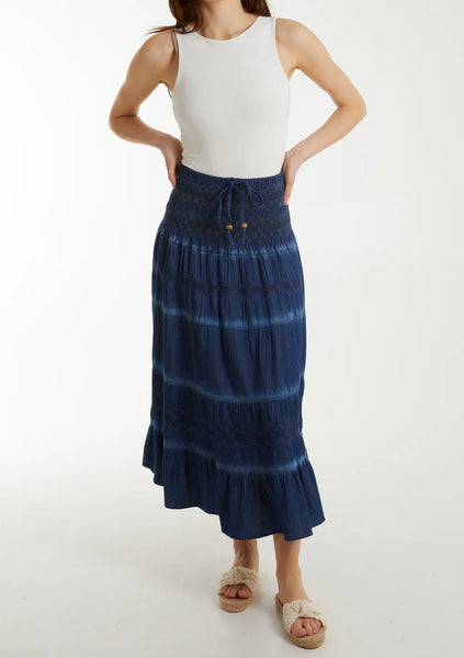 Tiered Dark Denim Maxi Skirt With Shirred Waist