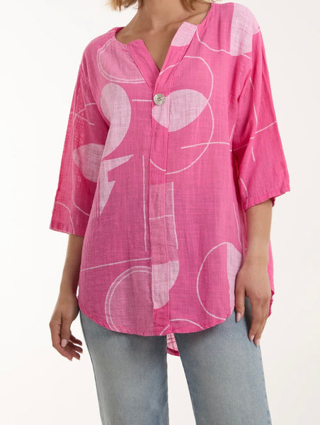 Pink Cotton Geometric Print Silver Button Front Top