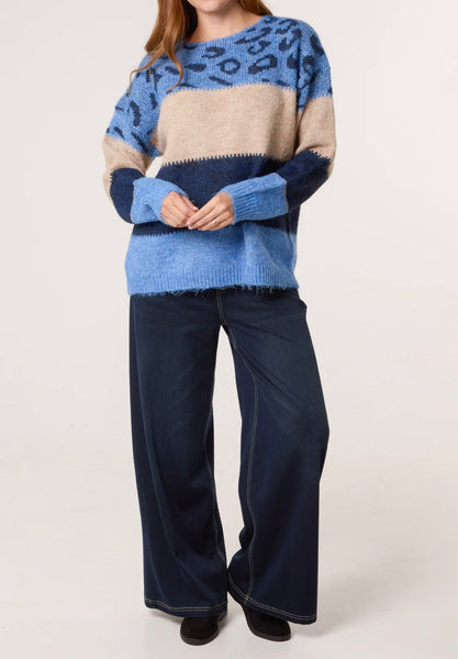 Blue Animal Print Colour Block Knitted Jumper