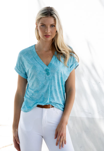Marble 7428 Aqua Print Stretchy V-Neck Button Front Short Sleeve Top