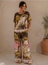 Saffron Satin Landscape Watercolour Print  Wide Leg Trousers (6 Colours)