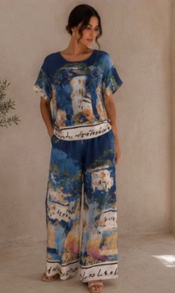 Sarah Satin Landscape Watercolour Print Round Neck Top (6 Colours)