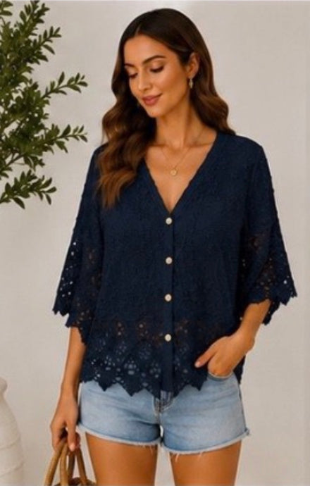 Joannie Navy Crochet And Embroidery Style Button Cardigan Top