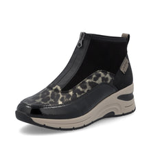 Rieker N9362-00 Largo Leopard And Black Zip Front Wedge Trainer Boots