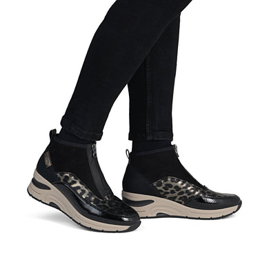 Rieker N9362-00 Largo Leopard And Black Zip Front Wedge Trainer Boots