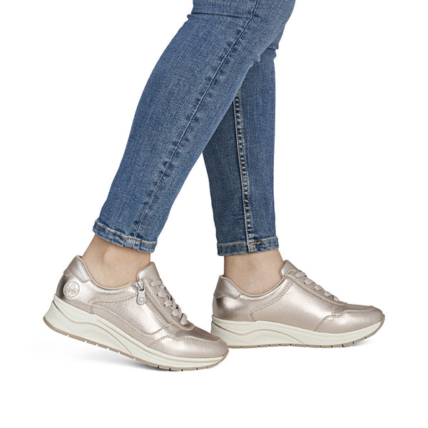 Rieker N9501-90 Artigo Metallic Champagne Leather Wedge Wide Fitting Trainers