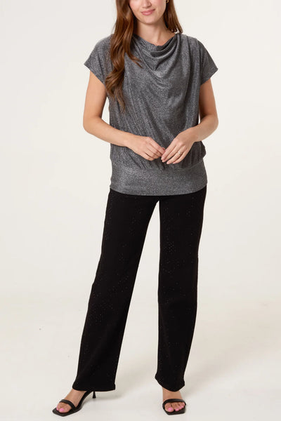 Metallic Stretchy Cowl Neck Drape Top (2 Colours)