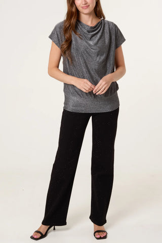 Metallic Stretchy Cowl Neck Drape Top (2 Colours)