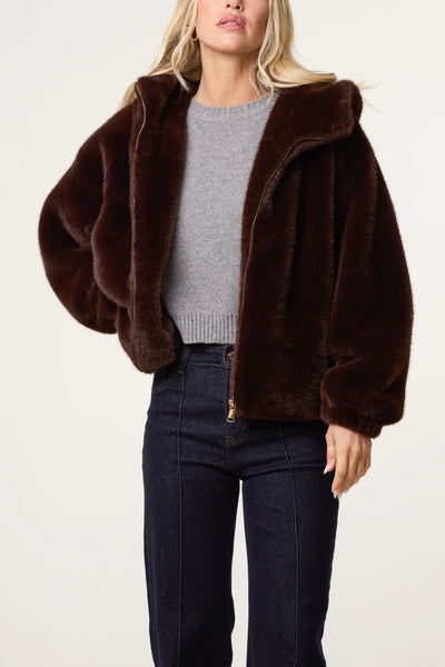 Luxurious Hooded Fur Zip Front Jacket (2 Colours)