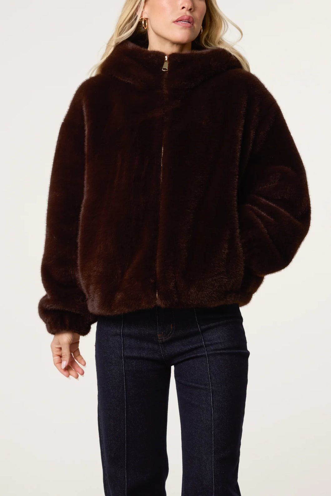 Luxurious Hooded Fur Zip Front Jacket (2 Colours)