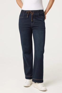 Mandy Magic Super Stretchy Dark Indigo Straight Leg Jeans With Brown Trim Detail