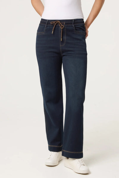 Mandy Magic Super Stretchy Dark Indigo Straight Leg Jeans With Brown Trim Detail