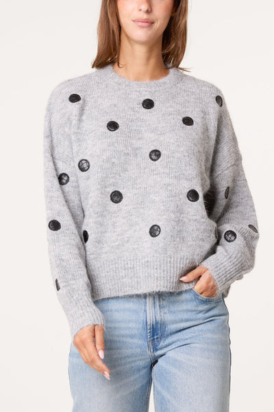 Marl Grey Polka Dot Round Neck Knitted Jumper