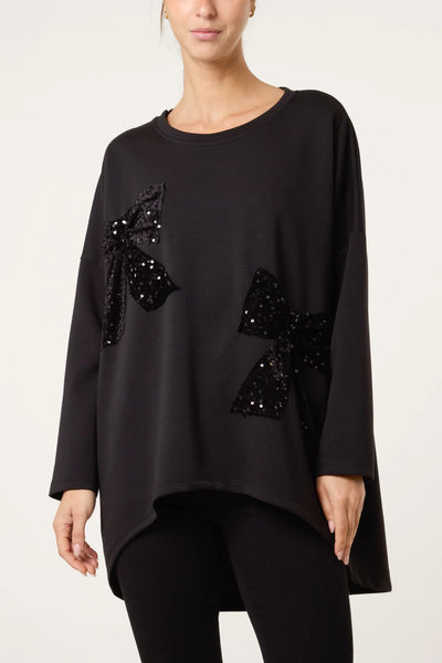 Plain Sequin Bow Detail Longline Round Neck Tunic Style Top (2 Colours)