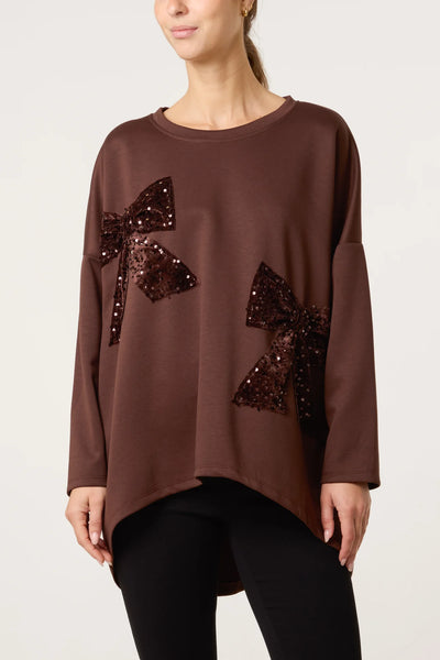 Plain Sequin Bow Detail Longline Round Neck Tunic Style Top (2 Colours)