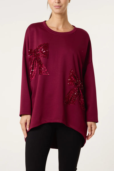 Plain Sequin Bow Detail Longline Round Neck Tunic Style Top (4 Colours)