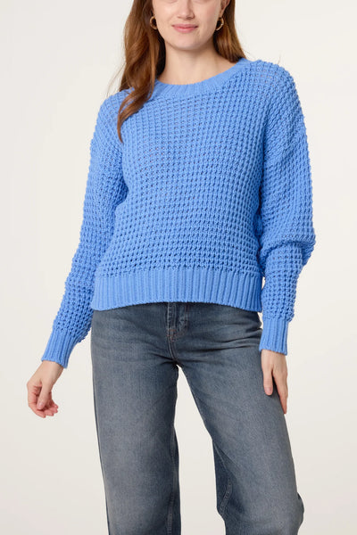 Plain Blue Round Neck Pontelle Knit Jumper
