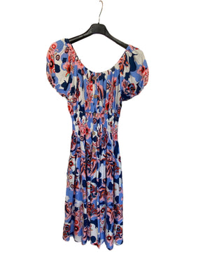 New Retro Blue Multi Flower Print Midi Dress