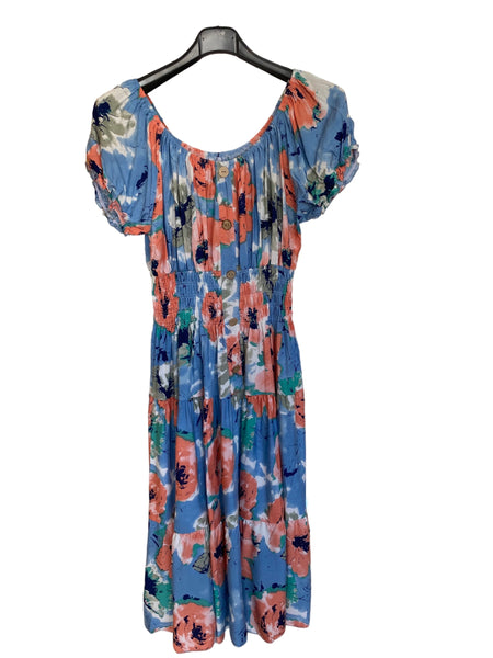New Light Blue Multi Abstract Flower Print Midi Bardot Dress