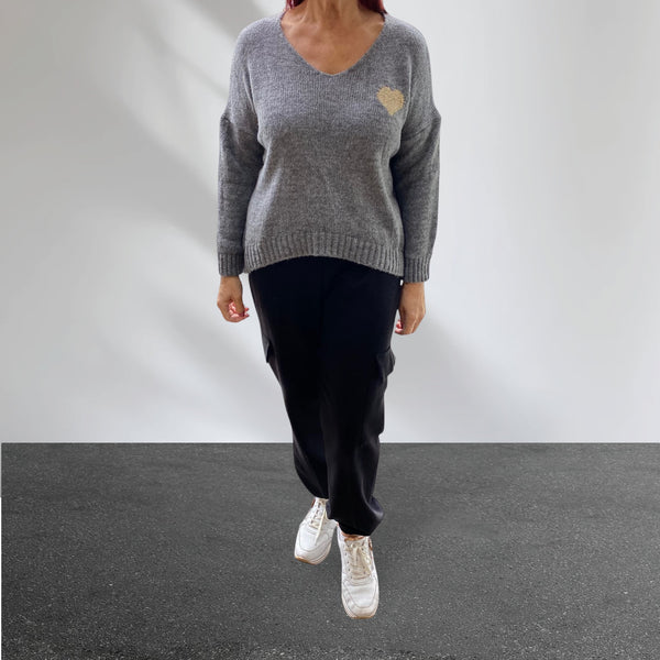 Jemma-Jay V-Neck Grey Small Shimmer Heart Jumper