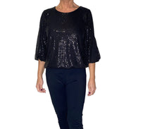 Plain Black  Round Sparkly Sequin Bubble Hem Top