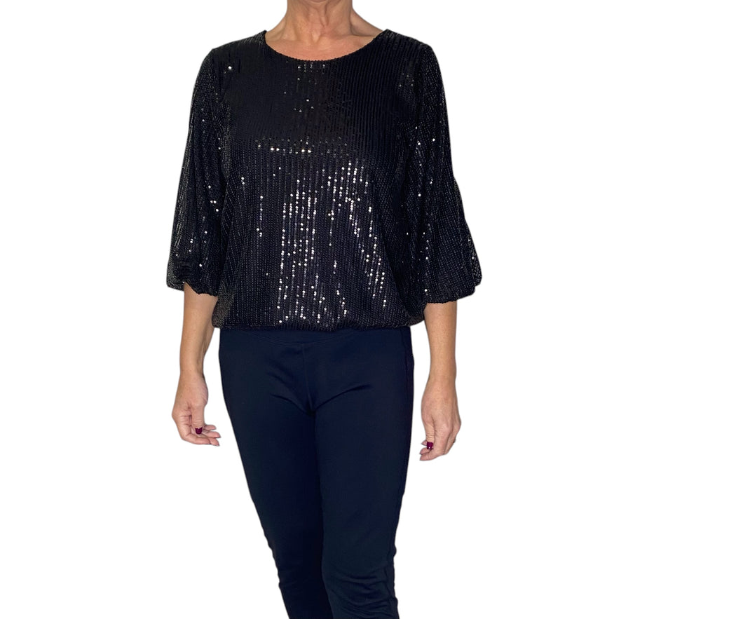 Plain Black  Round Sparkly Sequin Bubble Hem Top