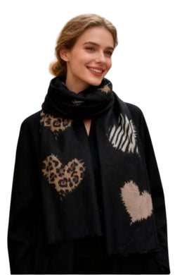 Libby Leopard And Zebra Large Hearts Scarf (3 Colours)