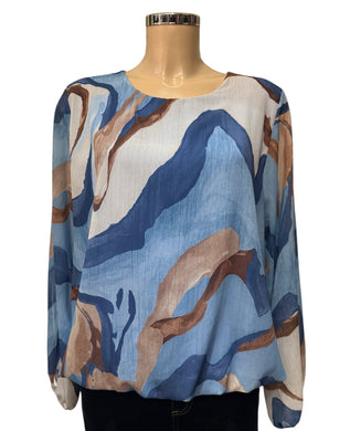 Marble Effect Multi Print Round Neck Bubble Hem Blouse (2 Colours)