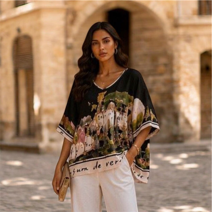 Sarah Satin Landscape Watercolour Print Round Neck Top (5 Colours)