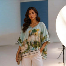 Sarah Satin Landscape Watercolour Print Round Neck Top (5 Colours)