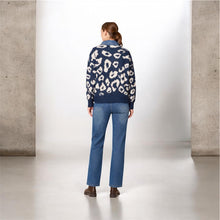 Denim Collar Navy And Stone Animal Print Knitted Polo Style Jumper