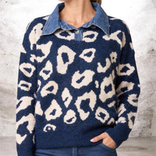 Denim Collar Navy And Stone Animal Print Knitted Polo Style Jumper