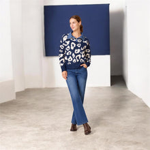 Denim Collar Navy And Stone Animal Print Knitted Polo Style Jumper