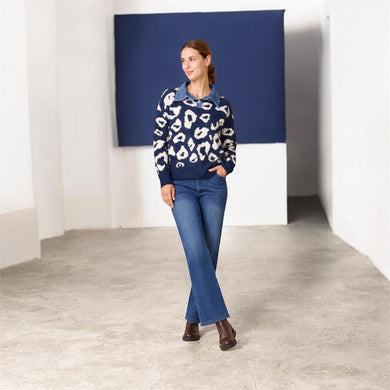 Denim Collar Navy And Stone Animal Print Knitted Polo Style Jumper