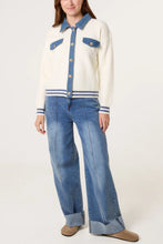 Denim Trim Knitted Ivory Cardigan Style Jacket