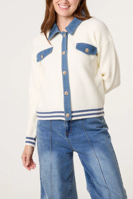 Denim Trim Knitted Ivory Cardigan Style Jacket