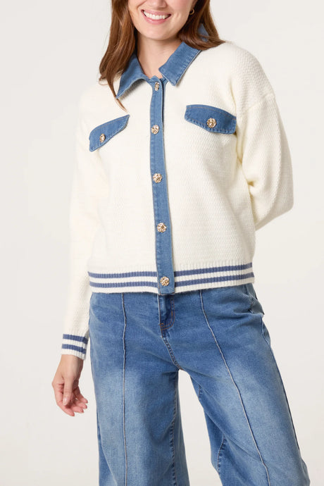 Denim Trim Knitted Ivory Cardigan Style Jacket