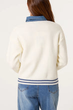 Denim Trim Knitted Ivory Cardigan Style Jacket