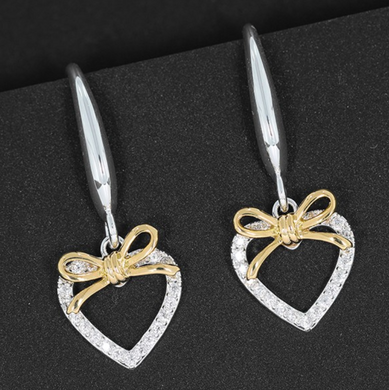 Silver And Gold Plated Two Tone Heart Bow Drop Earrings