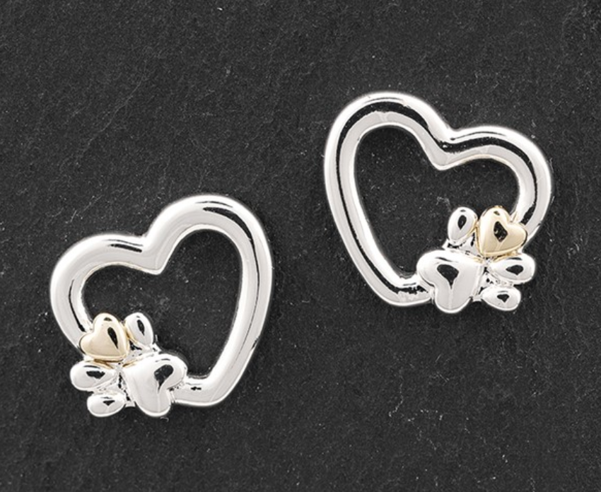 Silver And Gold Plated Two Tone Heart And Paw Print Stud Earrings