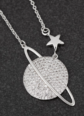 Saturn Silver Plated Necklace With Star And Cubic Zirconia Stones