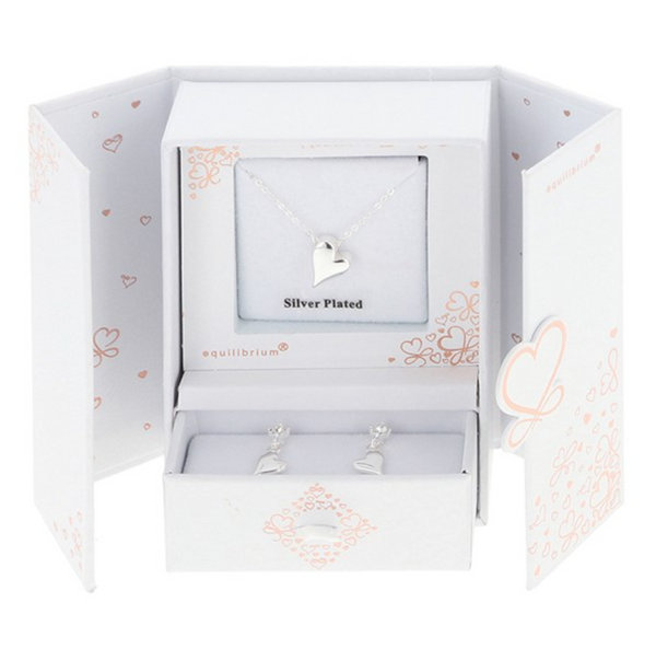 Silver Plated Minimalistic Solid Heart Necklace And Earrings Gift Set