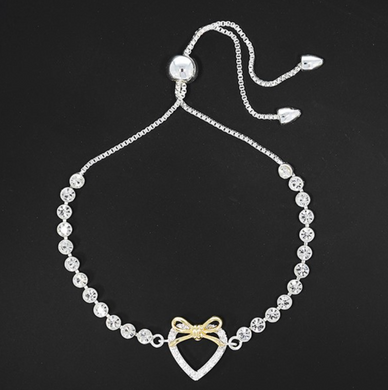 Silver And Gold Plated Two Tone Heart And Bow Crystal Friendship Bracelet