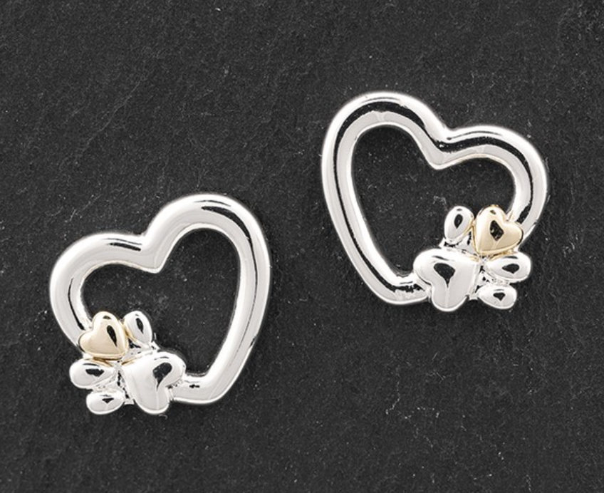 Silver Plated Two Tone Paw Print Heart Stud Earrings