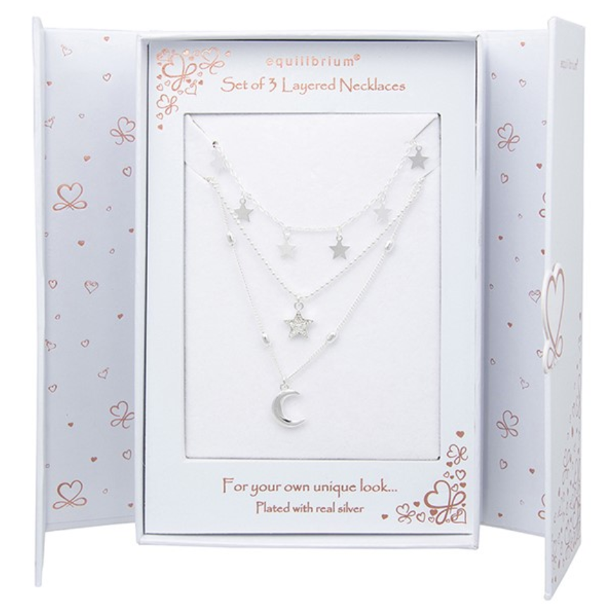 3 In 1 Layered Silver Plated Moon Stars Necklace Gift Set