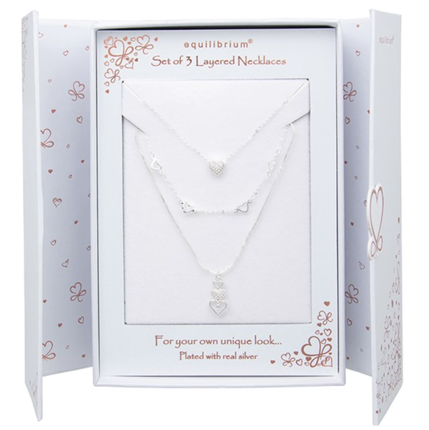 3 In 1 Silver Plated Layered Modern Heart Necklace Gift Set