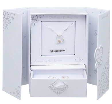 Silver Plated Two Tone Heart Earrings And Necklace Gift Set