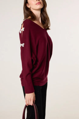 Plain Pearl Bow Cut Out Sleeve V-Neck Jumper (3 Colours)