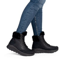 Rieker W0063-02 Black Leather Tex Trainer Boots With A Fur Collar