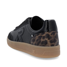 Rieker W2200-03 Samira Black Leather Trainers With A Touch Of Leopard Print